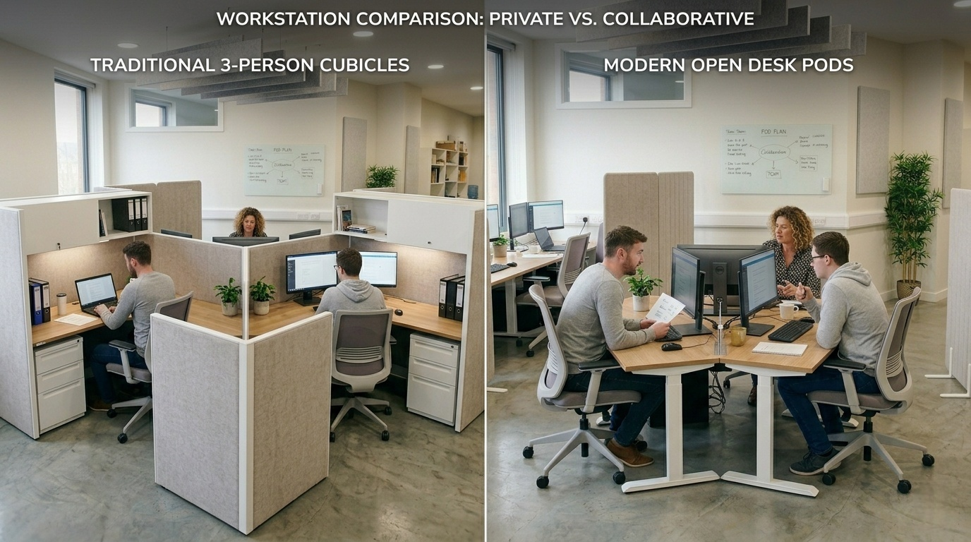 Postes de travail de bureau pour 3 personnes par rapport aux modules de bureau ouvert