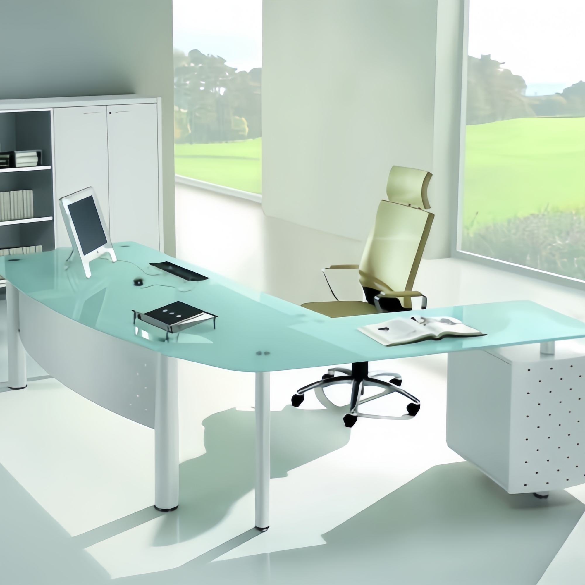 bureau de direction en verre en forme de L