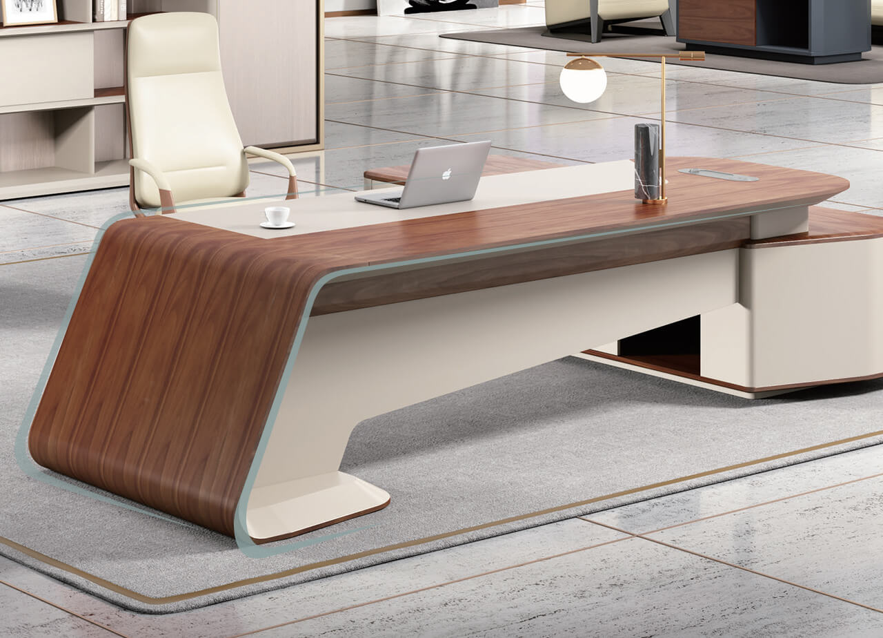 Vue en angle d\'un bureau en forme de L avec plusieurs tiroirs et une finition en bois moyen.